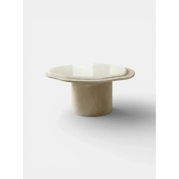 Super White Travertine Nesting Coffee Tables with Lobed Tops in ivory — in a room setting