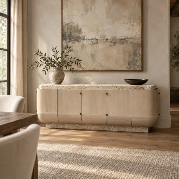 Travertine and Light Oak Sideboard with Brass Pulls in natural oak — in a room setting