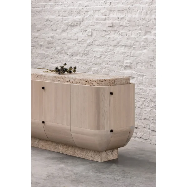 Travertine and Light Oak Sideboard with Brass Pulls in natural oak — in a room setting