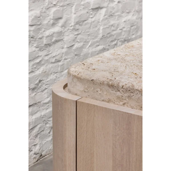 Travertine and Light Oak Sideboard with Brass Pulls in natural oak — in a room setting
