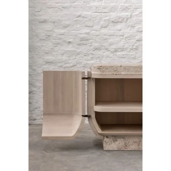 Travertine and Light Oak Sideboard with Brass Pulls in natural oak — in a room setting