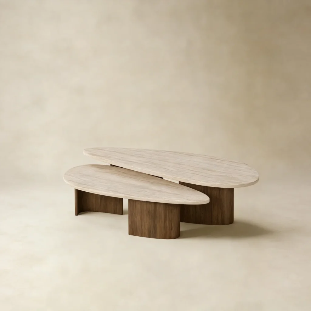 Super White Travertine Nesting Coffee Table Set in oatmeal — front view