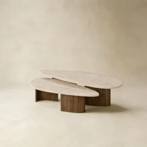 Super White Travertine Nesting Coffee Table Set in oatmeal — front view