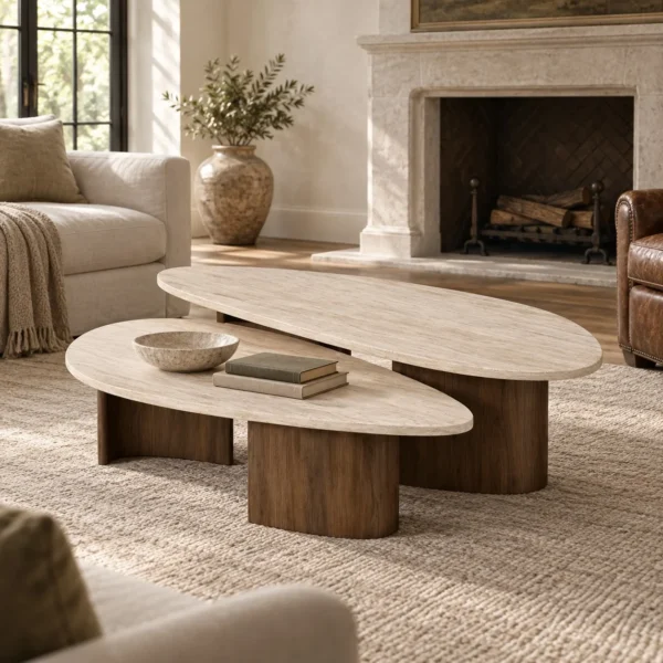 Super White Travertine Nesting Coffee Table Set in oatmeal — in a room setting