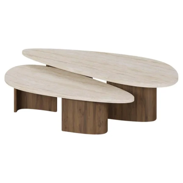 Super White Travertine Nesting Coffee Table Set in oatmeal — in a room setting
