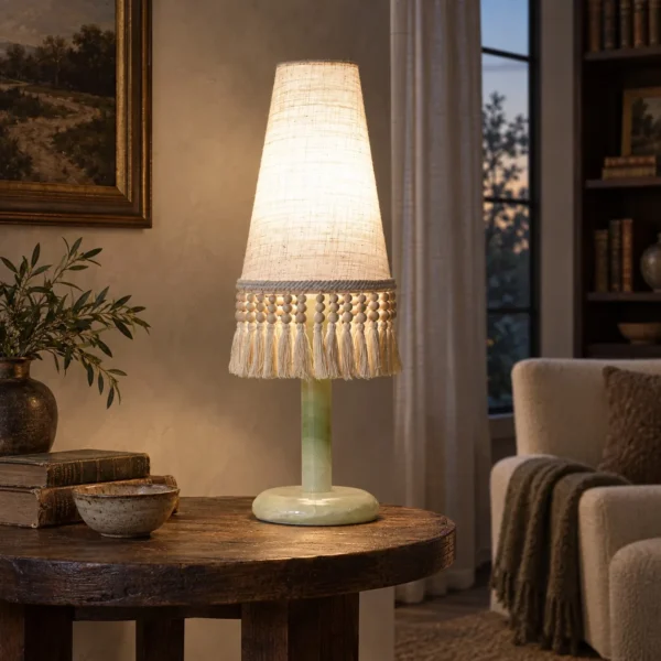 Woven Shadow Fringed Fabric Table Lamp in oatmeal — in a room setting