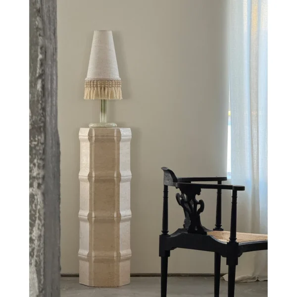 Woven Shadow Fringed Fabric Table Lamp in oatmeal — in a room setting