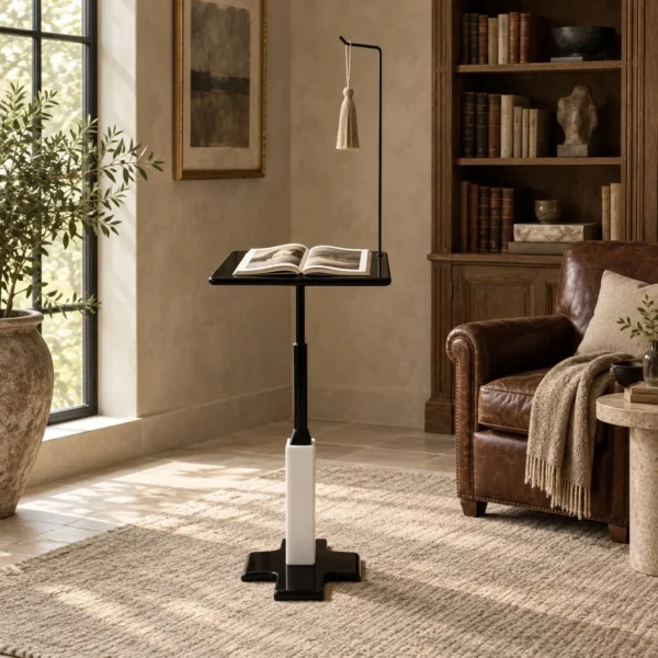 Xuanyu Adjustable Stand with White Marble and Black Lacquer in black — in a room setting