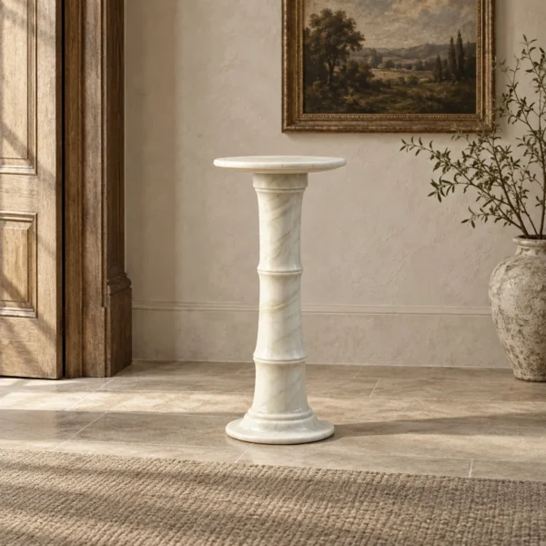 Xubaisheng Cloud Sequence Stone Pedestal Table in ivory — in a room setting