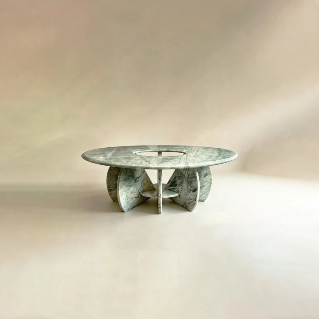 Xubaisheng Ji Green Marble Coffee Table with Radiating Base in olive — front view