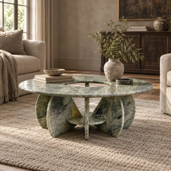 Xubaisheng Ji Green Marble Coffee Table with Radiating Base in olive — in a room setting