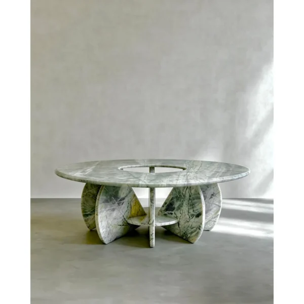 Xubaisheng Ji Green Marble Coffee Table with Radiating Base in olive — in a room setting