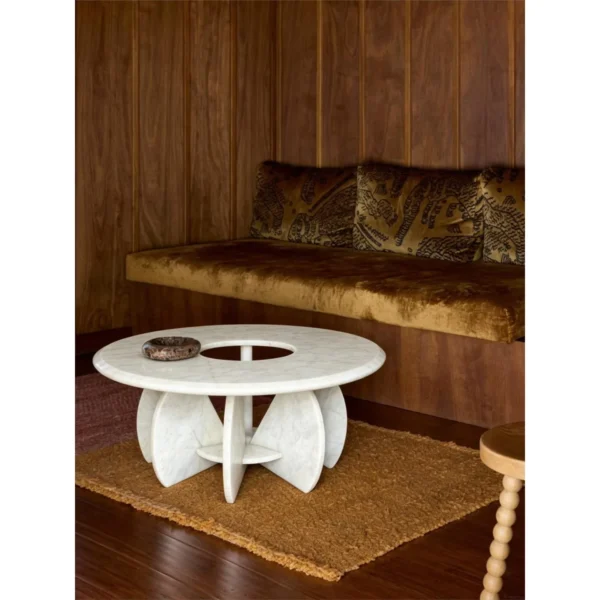 Xubaisheng Ji Green Marble Coffee Table with Radiating Base in olive — in a room setting