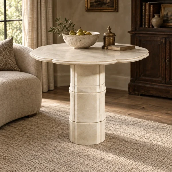 Plum-Blossom Stone Side Table on Bamboo-Node Column in oatmeal — in a room setting