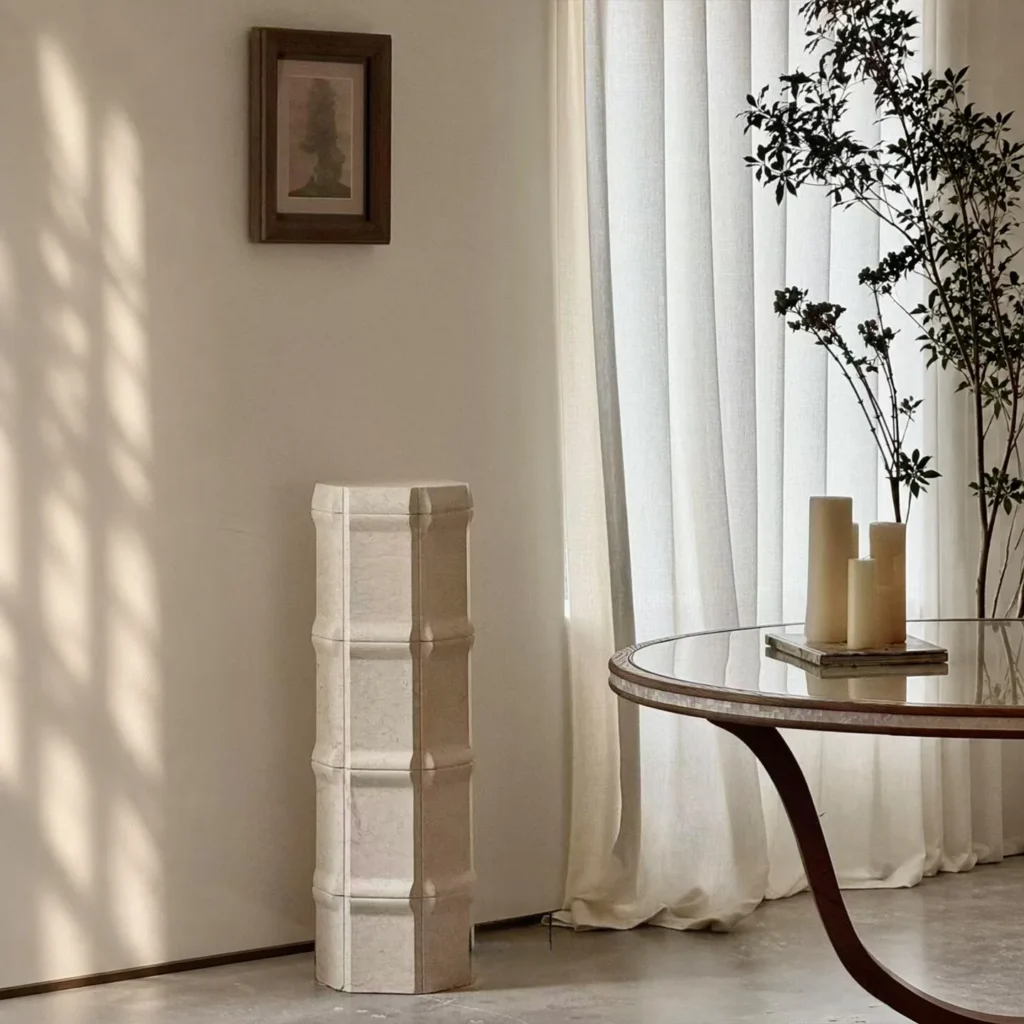 Bamboo-Node Stone Pillar Pedestal in Cream Stone — front view
