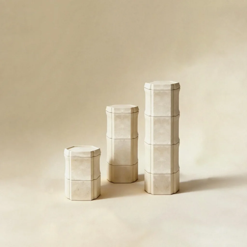 Stone Bone Modular Stone Pedestals, Set of Three Heights in oatmeal — front view