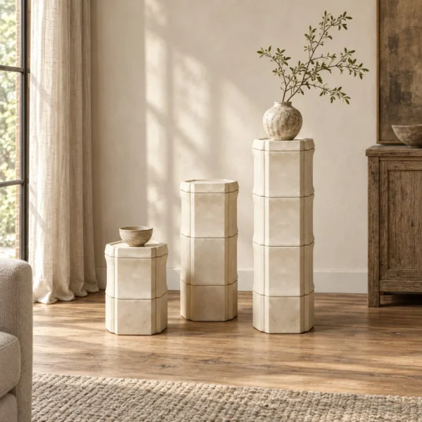 Stone Bone Modular Stone Pedestals, Set of Three Heights in oatmeal — in a room setting