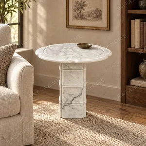 Xubaisheng White Marble Side Table with Bamboo-Node Column in ivory — in a room setting