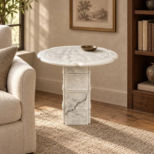 Xubaisheng White Marble Side Table with Bamboo-Node Column in ivory — in a room setting