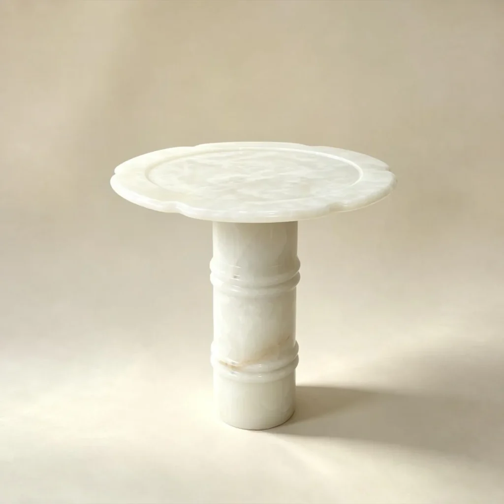 Xuezhan Snow Cup White Onyx Side Table with Plum Blossom Top in ivory — front view