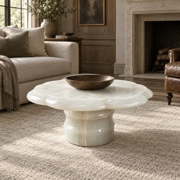 Yantang Begonia-Edge White Jade Low Side Table in ivory — in a room setting