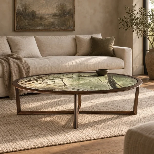Yanyu Brazilian Rainforest Green Marble Oval Coffee Table in olive — in a room setting