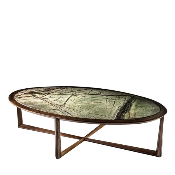 Yanyu Brazilian Rainforest Green Marble Oval Coffee Table in olive — in a room setting