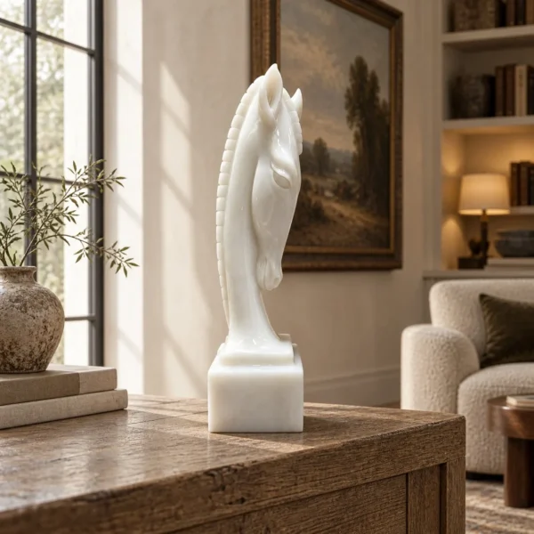 Hand-Carved White Onyx Horse Sculpture in ivory — in a room setting