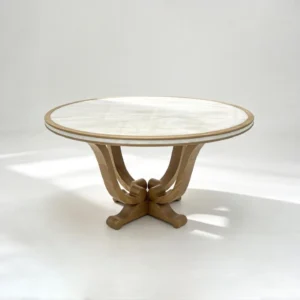 Yuelan Round Onyx Dining Table on Sculpted Wood Base in oatmeal — front view