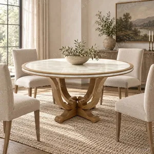 Yuelan Round Onyx Dining Table on Sculpted Wood Base in oatmeal — in a room setting