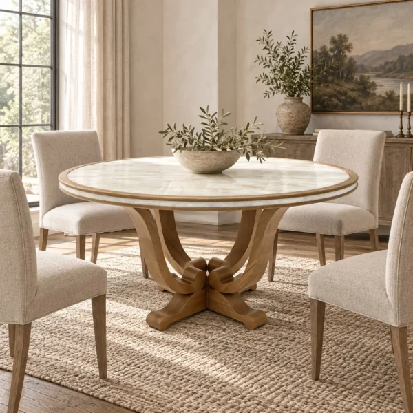 Yuelan Round Onyx Dining Table on Sculpted Wood Base in oatmeal — in a room setting
