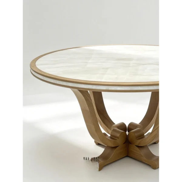 Yuelan Round Onyx Dining Table on Sculpted Wood Base in oatmeal — in a room setting