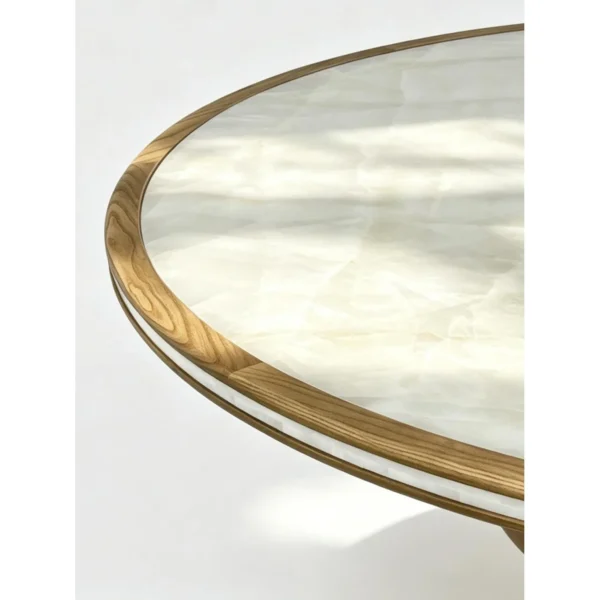 Yuelan Round Onyx Dining Table on Sculpted Wood Base in oatmeal — in a room setting