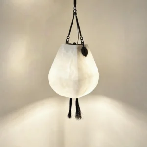 Cloud Alabaster Pendant Lamp with Leather Straps and Tassel in ivory — front view