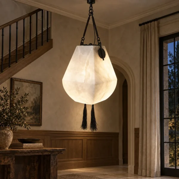 Cloud Alabaster Pendant Lamp with Leather Straps and Tassel in ivory — in a room setting