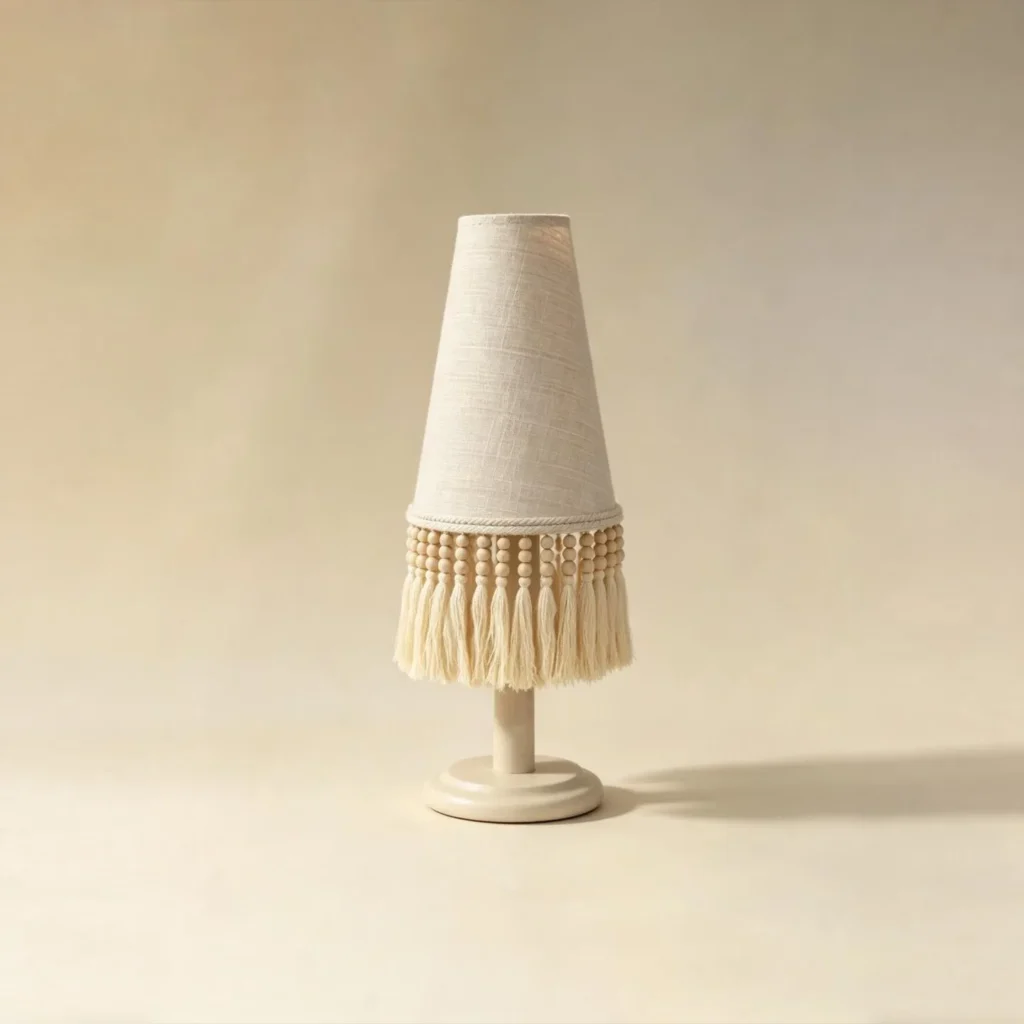 Yunluo Fringed Linen Cone Table Lamp with Wooden Beads in oatmeal — front view