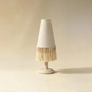Yunluo Fringed Linen Cone Table Lamp with Wooden Beads in oatmeal — front view