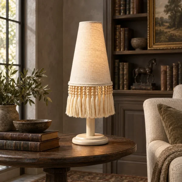 Yunluo Fringed Linen Cone Table Lamp with Wooden Beads in oatmeal — in a room setting