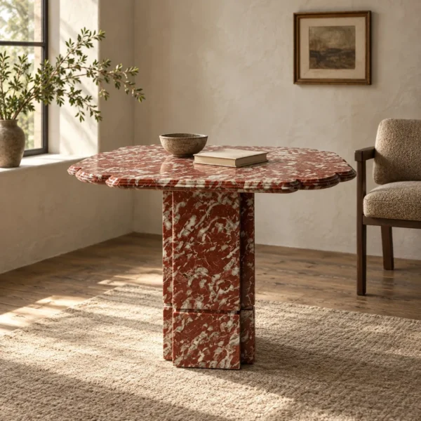 Yunqi Oriental Red Marble Side Table with Notched Top in red — in a room setting