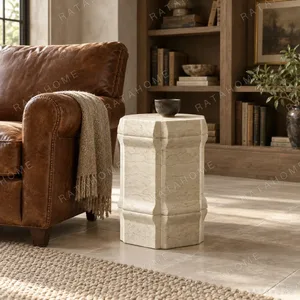 Zhucong Hexagonal Stone Stool with Bamboo Joint Form in oatmeal — in a room setting