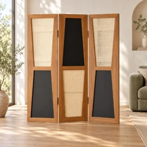 Asymmetric Cane and Black Panel Three-Fold Screen in walnut — front view