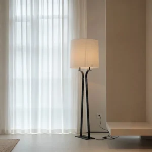 Tall Black Tripod Floor Lamp with White Drum Shade in black — front view