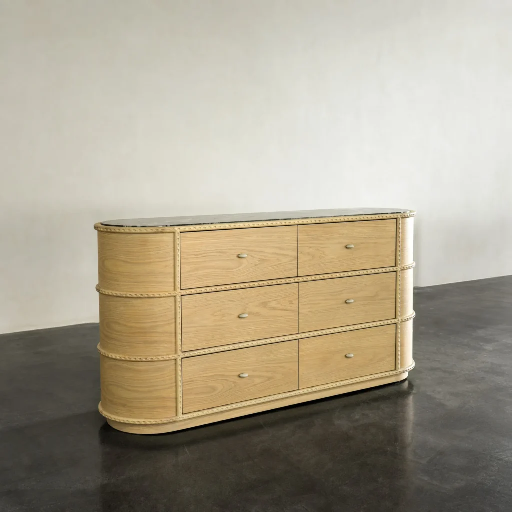 Augusta French Mid-Century Rounded Chest with Stone Top in natural oak — front view