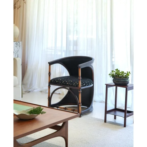 Teak Coffee Table with Raised Edge Tray Top on Sculpted Base in walnut — in a room setting