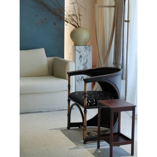 Teak Coffee Table with Raised Edge Tray Top on Sculpted Base in walnut — in a room setting