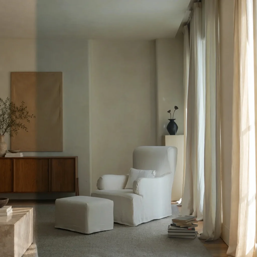 Slipcovered Linen Armchair with Ottoman in Off-White — front view