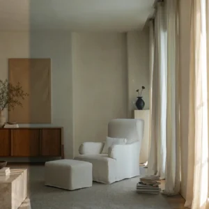Slipcovered Linen Armchair with Ottoman in Off-White — front view