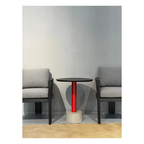 Outdoor Rope-Woven Armchair Set with Teak Pedestal Table in black — in a room setting
