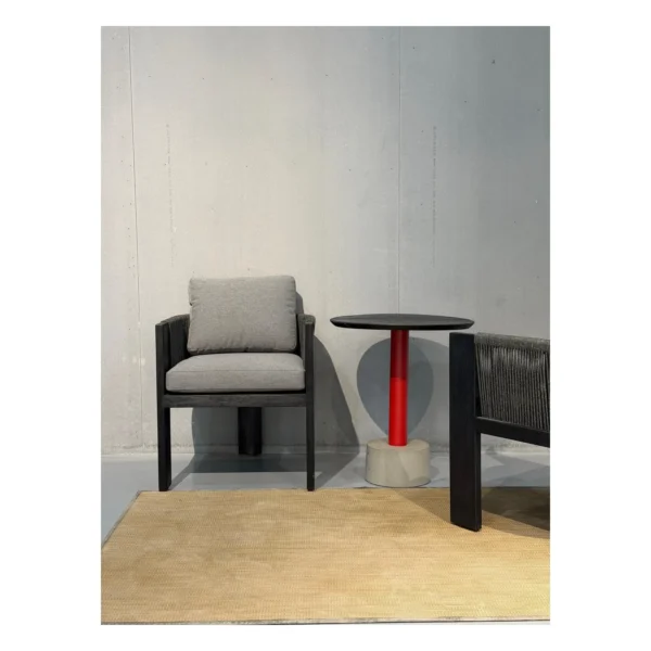 Outdoor Rope-Woven Armchair Set with Teak Pedestal Table in black — in a room setting