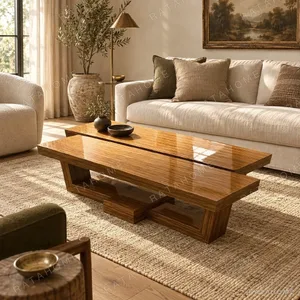 Bali Solid Wood Block Coffee Table with Brass Detail in clay — in a room setting